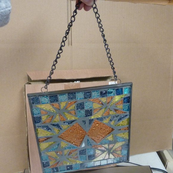 Genuine Stained Glass Mosaic Kissing Fish Suncatcher  8" Sq, NEW in Box Vintage - Picture 5 of 9
